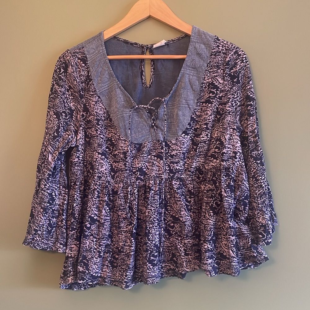 Anthropologie Akemi + Kin Marcella Boho Top Blue Peasant Blouse Shirt Sz M - Picture 2 of 10